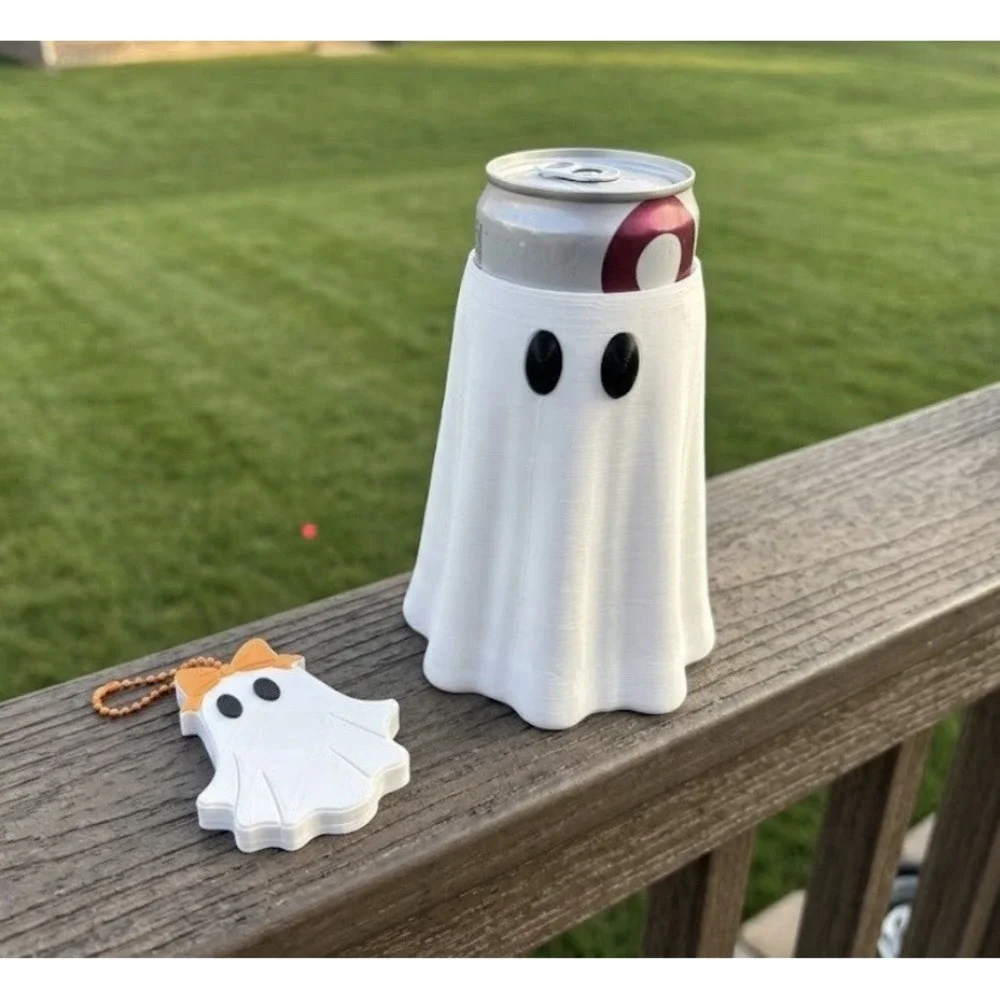 Ghost Koozie Slim Can Holder With Keychain Pop Top Opener 3D Print Orange Bow